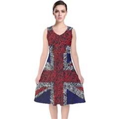 Union Jack Flag Uk Patriotic V-neck Midi Sleeveless Dress 