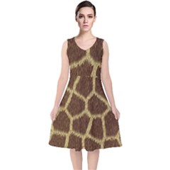 Background Texture Giraffe V-neck Midi Sleeveless Dress  by Celenk