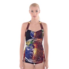 Climate Change Global Warming Boyleg Halter Swimsuit  by Celenk