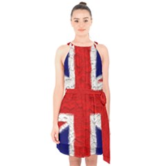 Union Jack Flag National Country Halter Collar Waist Tie Chiffon Dress