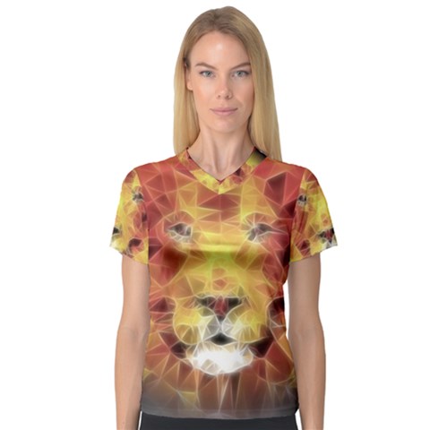 Fractal Lion V-neck Sport Mesh Tee by Celenk