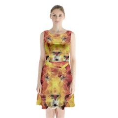 Fractal Lion Sleeveless Waist Tie Chiffon Dress