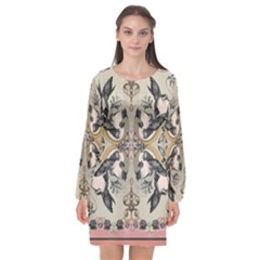 Vintage Birds Long Sleeve Chiffon Shift Dress 