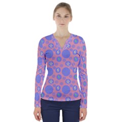 Pink Retro Dots V-neck Long Sleeve Top