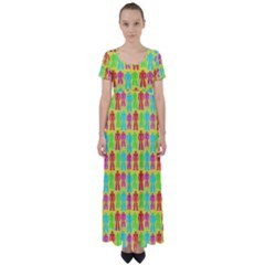 Colorful Robots High Waist Short Sleeve Maxi Dress