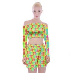 Colorful Robots Off Shoulder Top With Mini Skirt Set