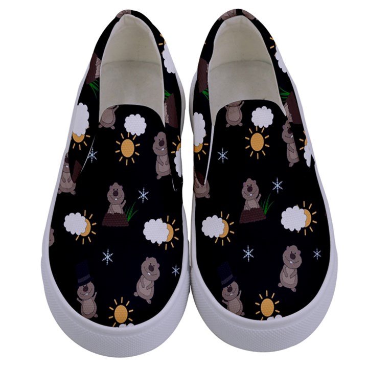 Groundhog Day Pattern Kids  Canvas Slip Ons