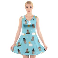 Groundhog Day Pattern V-neck Sleeveless Skater Dress by Valentinaart