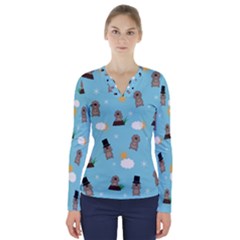 Groundhog Day Pattern V-neck Long Sleeve Top by Valentinaart