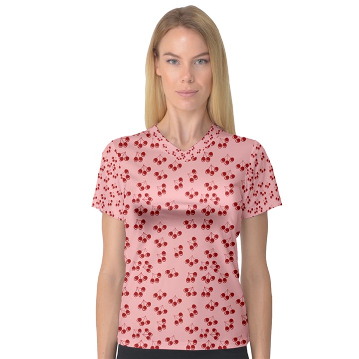 Rose Cherries V-Neck Sport Mesh Tee