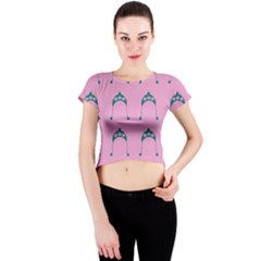 Pink Flower Teal Hat Crew Neck Crop Top by snowwhitegirl