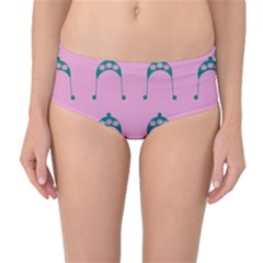 Pink Flower Teal Hat Mid-Waist Bikini Bottoms