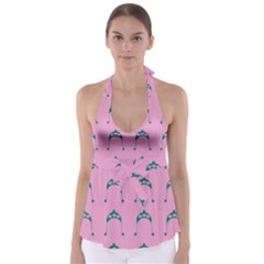 Pink Flower Teal Hat Babydoll Tankini Top