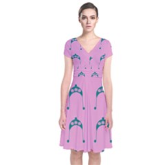 Pink Flower Teal Hat Short Sleeve Front Wrap Dress