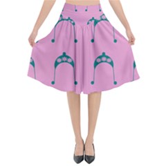 Pink Flower Teal Hat Flared Midi Skirt