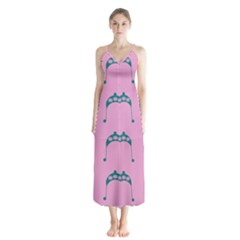 Pink Flower Teal Hat Button Up Chiffon Maxi Dress