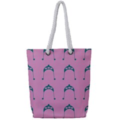 Pink Flower Teal Hat Full Print Rope Handle Tote (Small)