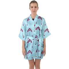 Blue Flower Red Hat Quarter Sleeve Kimono Robe