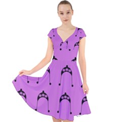 Violet Flower Hat Cap Sleeve Front Wrap Midi Dress