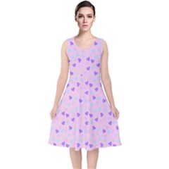 Blue Pink Hearts V-neck Midi Sleeveless Dress 