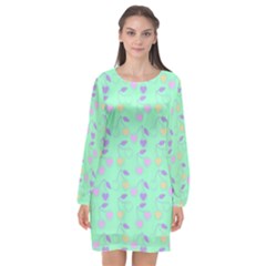 Mint Heart Cherries Long Sleeve Chiffon Shift Dress 