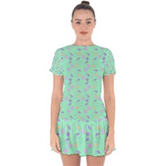 Mint Heart Cherries Drop Hem Mini Chiffon Dress