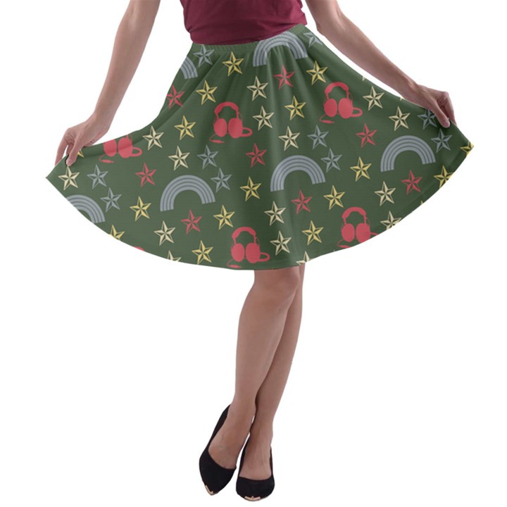 Music Stars Grass Green A-line Skater Skirt