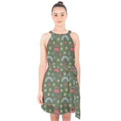 Music Stars Grass Green Halter Collar Waist Tie Chiffon Dress by snowwhitegirl