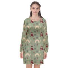 Music Stars Green Long Sleeve Chiffon Shift Dress  by snowwhitegirl