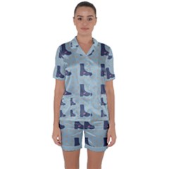 Deer Boots Teal Blue Satin Short Sleeve Pyjamas Set