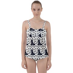 Deer Boots White Black Twist Front Tankini Set by snowwhitegirl