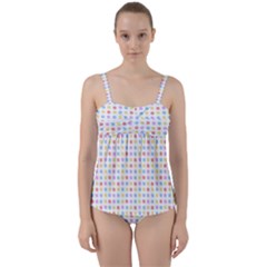 Blue Pink Yellow Eggs On White Twist Front Tankini Set