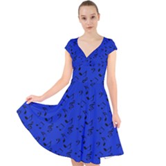 Royal Blue Music Cap Sleeve Front Wrap Midi Dress