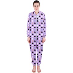 Black White Pink Blue Eggs On Violet Hooded Jumpsuit (ladies)  by snowwhitegirl