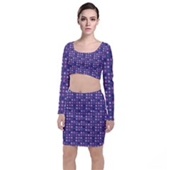 Violet Grey Purple Eggs On Grey Blue Long Sleeve Crop Top & Bodycon Skirt Set