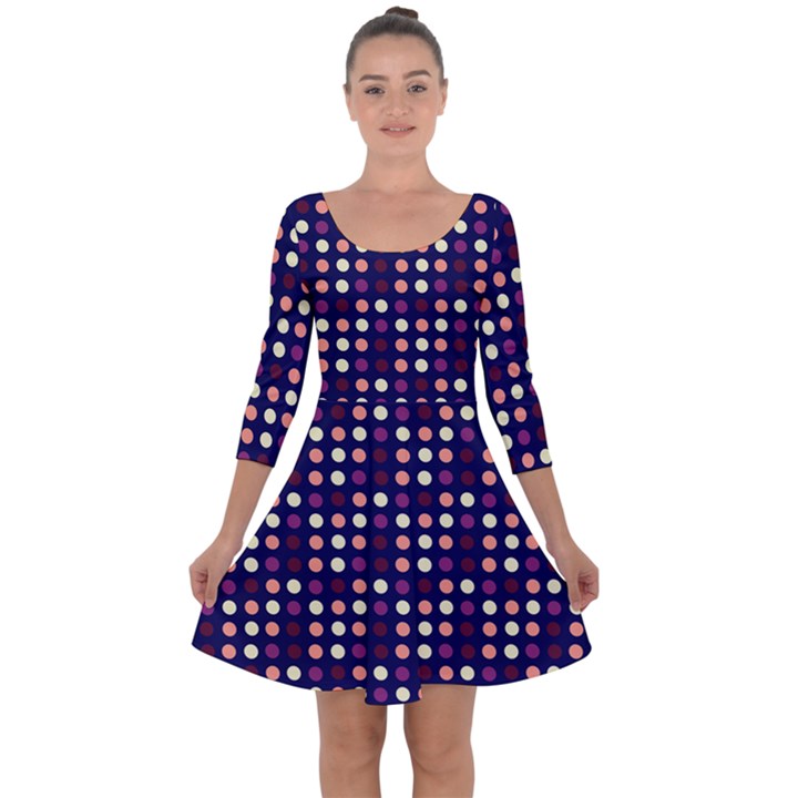 Peach Purple Eggs On Navy Blue Quarter Sleeve Skater Dress