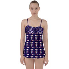 Peach Purple Eggs On Navy Blue Babydoll Tankini Set