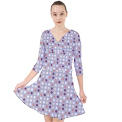 Pink Purple White Eggs On Lilac Quarter Sleeve Front Wrap Dress	