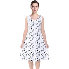 White Music Notes V-neck Midi Sleeveless Dress 