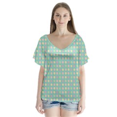 Pink Peach Green Eggs On Seafoam V-neck Flutter Sleeve Top by snowwhitegirl