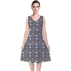 Cakes Yellow Pink Dot Sundaes Grey V-neck Midi Sleeveless Dress  by snowwhitegirl