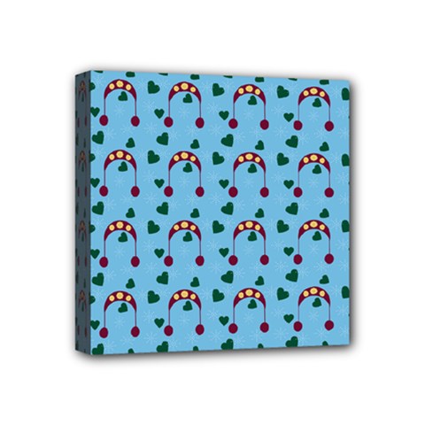 Winter Hat Red Green Hearts Snow Blue Mini Canvas 4  X 4  by snowwhitegirl