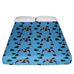 Winter Hat Red Green Hearts Snow Blue Fitted Sheet (king Size) by snowwhitegirl