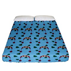 Winter Hat Red Green Hearts Snow Blue Fitted Sheet (california King Size) by snowwhitegirl