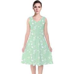 Mint Green White Music V-neck Midi Sleeveless Dress 