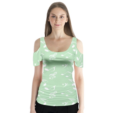 Mint Green White Music Butterfly Sleeve Cutout Tee  by snowwhitegirl