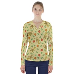 Tuba And Flower Pattern V-neck Long Sleeve Top by berwies