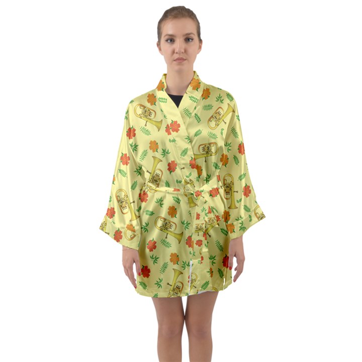 Tuba and Flower Pattern Long Sleeve Kimono Robe