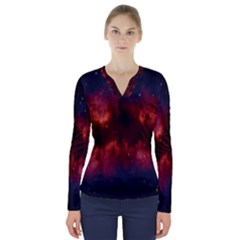 Astronomy Space Galaxy Fog V-neck Long Sleeve Top by Nexatart