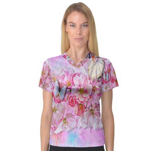 Nice Nature Flowers Plant Ornament V-neck Sport Mesh Tee by Nexatart